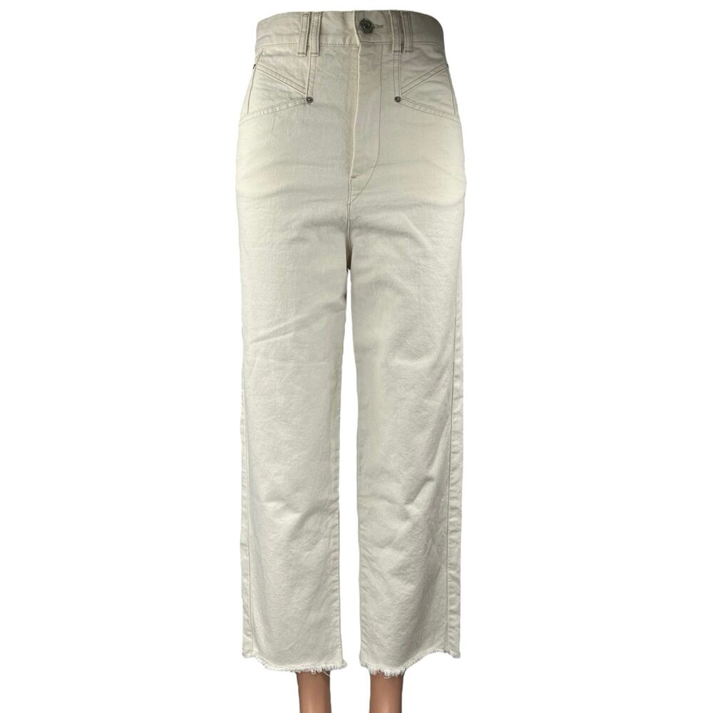 Isabel Marant Women's Cream Raw Hem High Rise Wide Leg Cropped Denim Jeans Sz 6